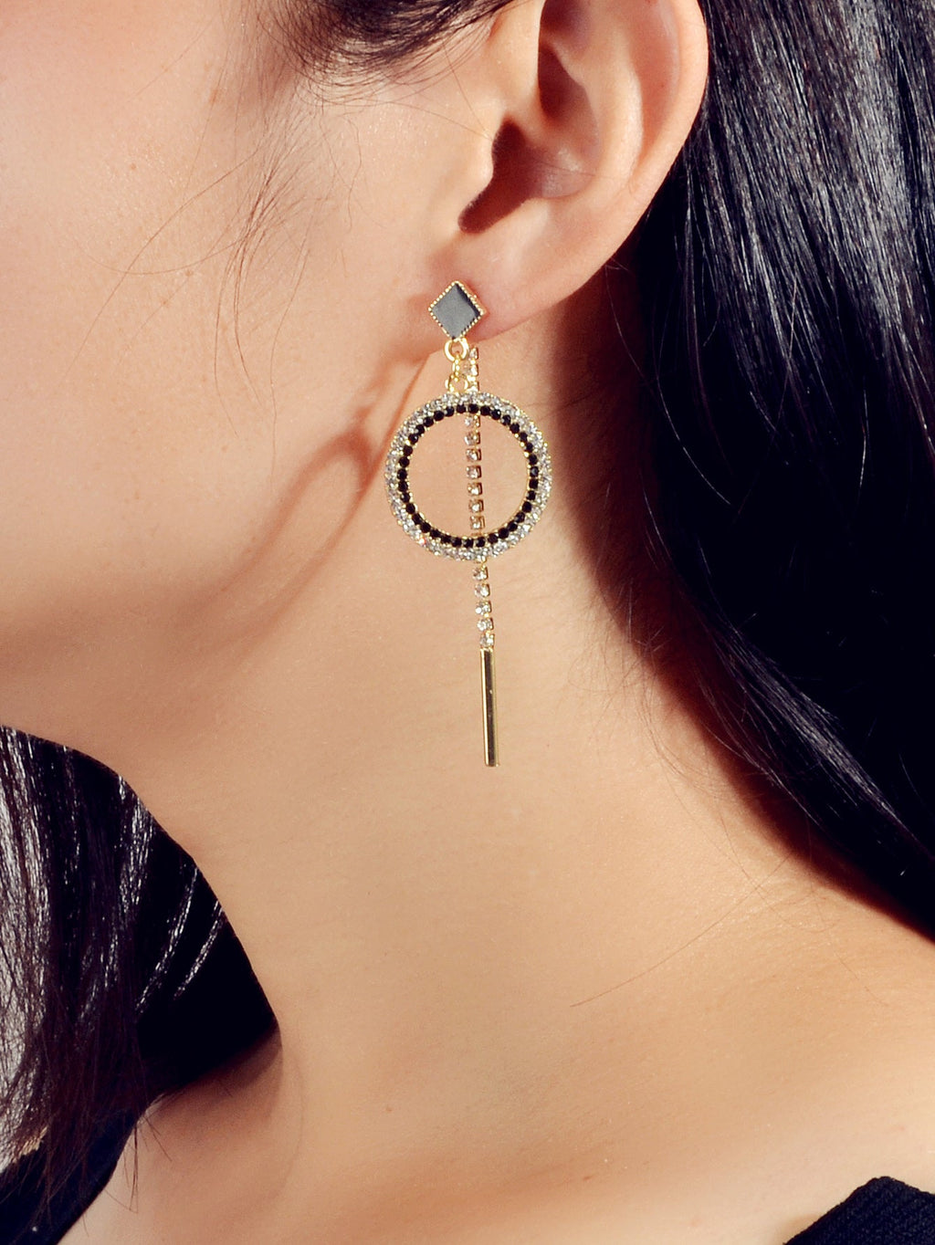 Feelontop Luxury Rhinestone Bar Charm Circle Dangle Earrings Perfect Ear Jacket