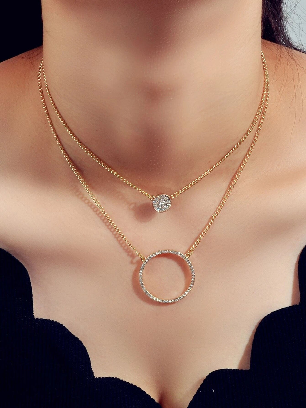 2 pcs Gold Silver Chain Rhinestone Round Circle Pendant Necklace Jewellery Gift