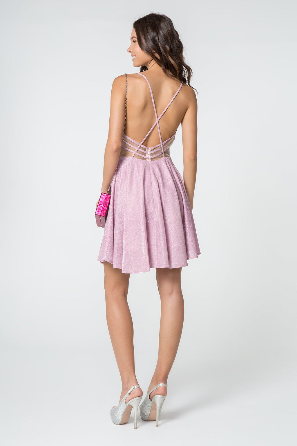 Illusion Deep V-Neck Glitter Crepe Short Dress w/ Strap Back