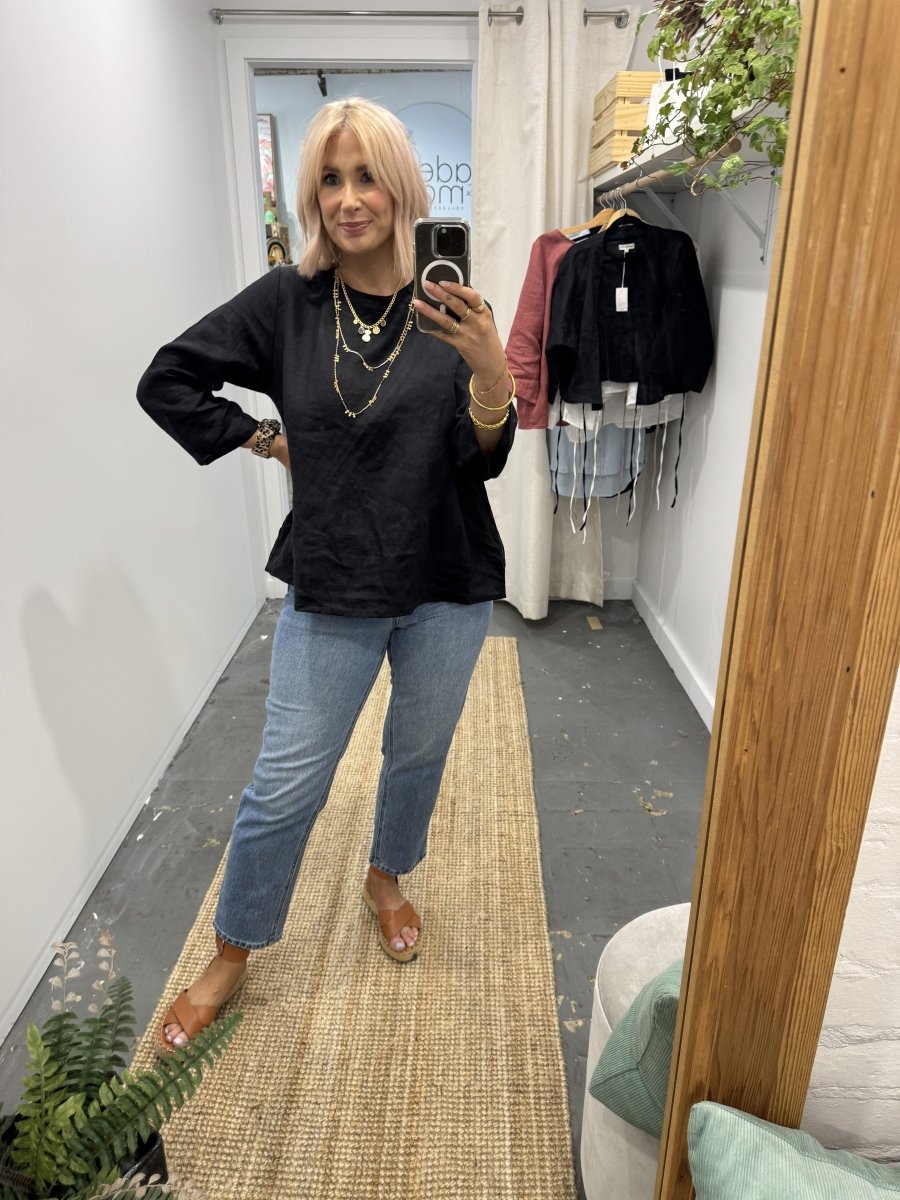 Linen Long Sleeve Top in Black