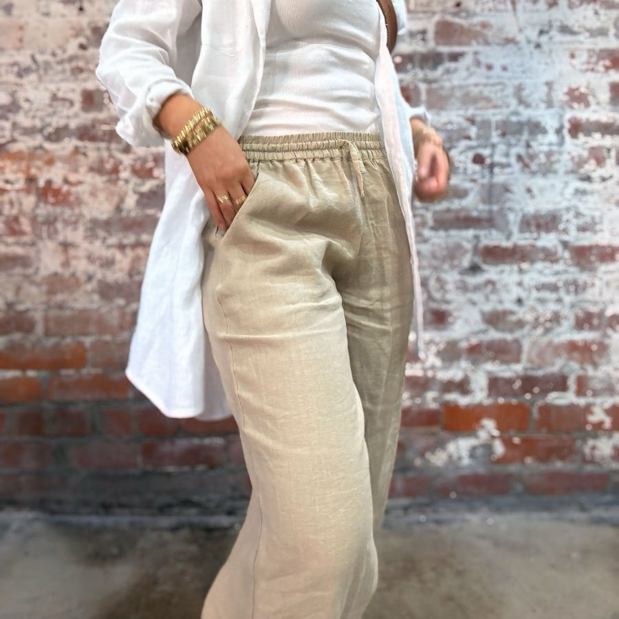 Wide Leg Linen Pant in Latte