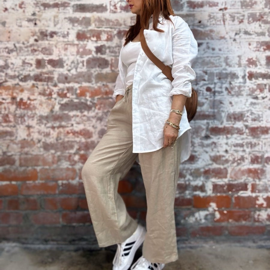 Wide Leg Linen Pant in Latte